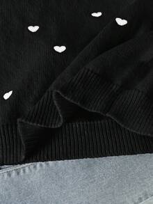 SHEIN Tween Girl Patchwork Embroidered Stand Collar Long Sleeve Heart Pattern Sweater - Black - View 6