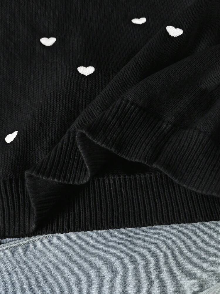 SHEIN Tween Girl Patchwork Embroidered Stand Collar Long Sleeve Heart Pattern Sweater - Black - View 6