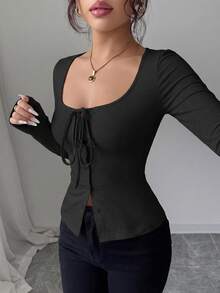 SHEIN Allurite Women Sexy Solid Color Stretch Knit Scoop Neck Tie Decorative Button Long Sleeve Slim Fit T-Shirt, Versatile For Daily Wear Fall Cloth For Women - Black - View 4
