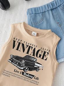 SHEIN 2pcs Baby Boy Summer Casual Street Chic Car Graphic Tank Top And Denim Shorts Set - Multicolor - View 5