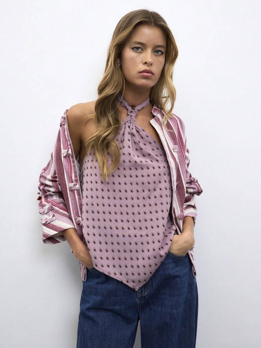 Nöista Halter Top With An Ring Knot Neckline And Allover Dot Pattern. Ideal For Summer Outings, Festivals, - Pink - View 1