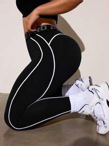 SHEIN Rhythm Era Women's Plus Size Letter Waistband Casual Sports Leggings - Black - View 5