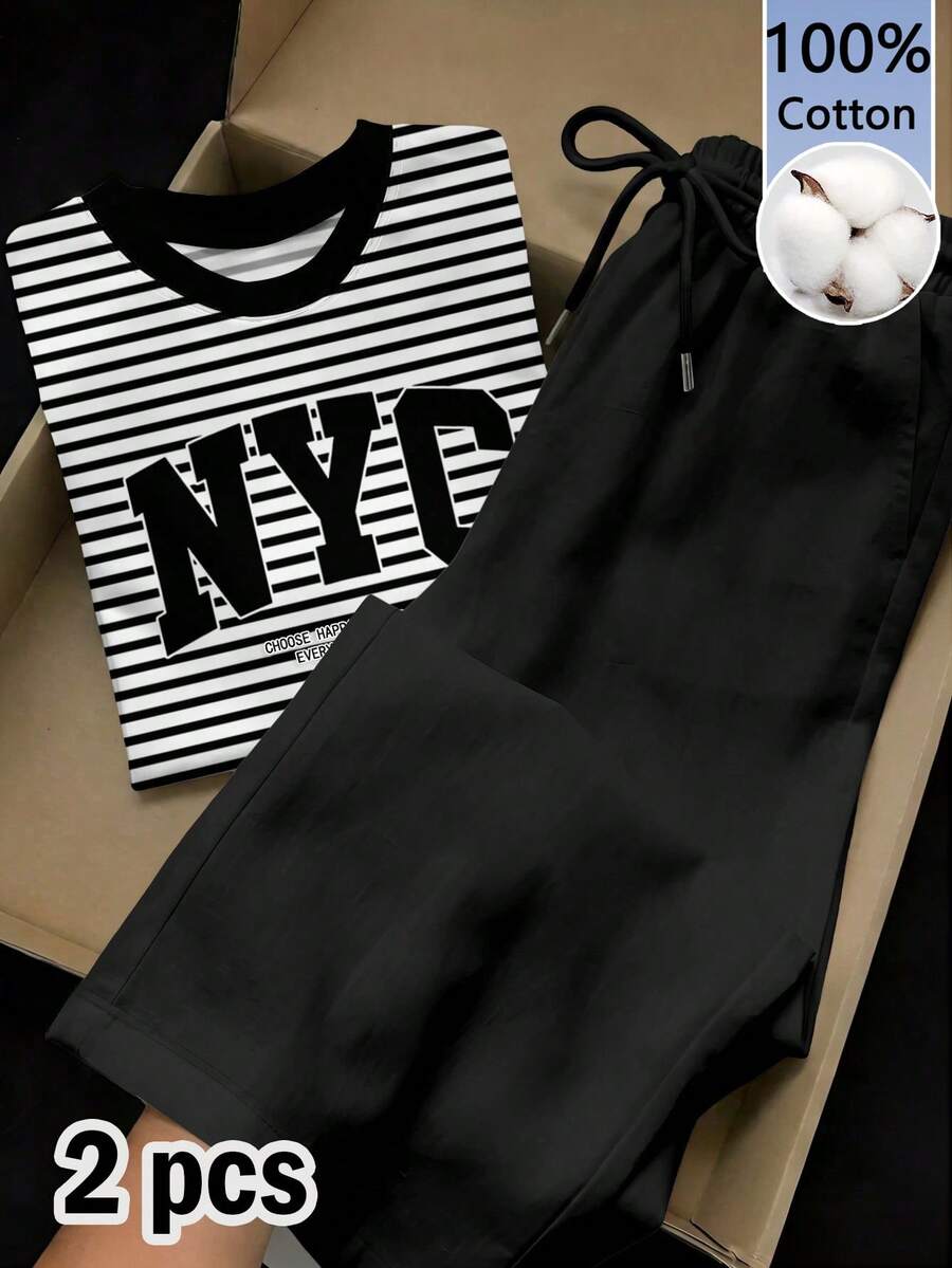 SHEIN EZwear 女款字母條紋拼色印花圓領短袖T恤與抽繩腰口袋長褲兩件套 - 彩色 - 查看 1