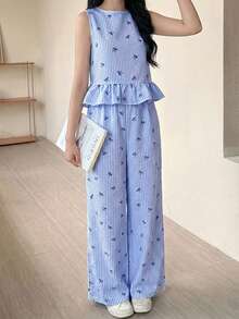 SHEIN 少女蓝白条纹无袖上衣，配木质纽扣和直筒裤，休闲度假套装，适合春夏假期、派对、优雅场合、返校季、户外家庭野餐、日常穿着。 - 藍色 - 查看 3