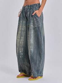 ACID BLVD Colossus Jeans 休閒街頭風復古水洗褪色字母紋理寬鬆牛仔長褲，適合夏季、秋季、冬季 - 深色水洗藍 - 查看 4