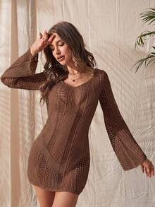 Swim Chiccia 女款純色喇叭袖露背綁帶設計罩衫洋裝 - 棕色 - 查看 7