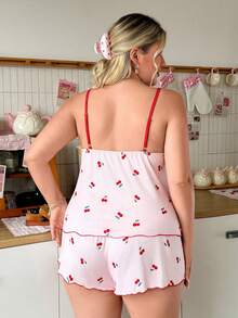 Slumberry CURVE Plus Size Cherry Print Cami Top And Shorts Pajama Set - Pink - View 3