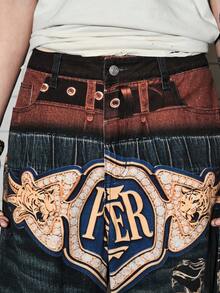 ROMWE MEN Street Life Men's Fashion Design Belted Waist Triple Waistband Printed Jeans - Multicolor - View 2