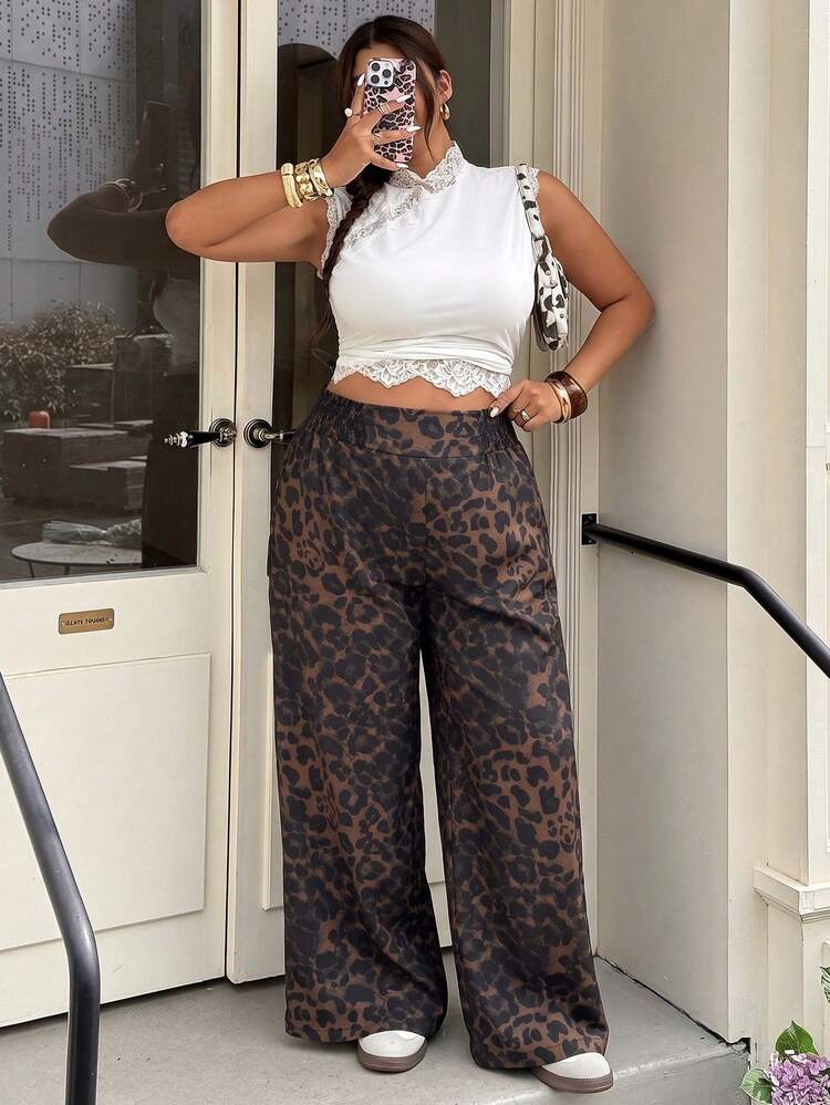 Muchica Plus Size Women's Leopard Print Shirred Waist Wide Leg Long Pants Fall - Multicolor - View 6