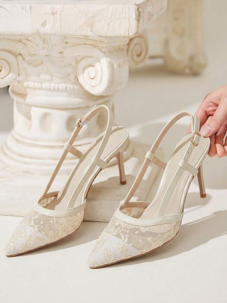 CUCCOO CHICEST Women Shoes Pointed Thin High Apricot Lace Mesh Simple Slingback Women's Slingback Shoes Party Banquet Simple Fashion Elegant Sexy - Beige - View 4