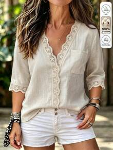 SHEIN LUNE CURVE Blus Kasual Musim Gugur Berbahan Renda Patchwork untuk Wanita Ukuran Plus - Aprikot - View 1
