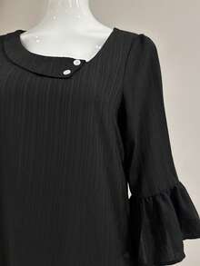 SHEIN LUNE Women's New Autumn Black Vertical Textured Asymmetrical Neckline Dress, 3/4 Ruffle Sleeve, Pearl Button, Loose Fit, Flattering Ruffle Hem Short Dress - Black - View 7
