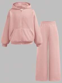 SHEIN Tween女孩休閒夏威夷風保守老錢風純色拉鍊連帽衛衣褲套裝，適合職業日、夜校、茶會、度假，珊瑚色夏季款 - 粉色 - 查看 12