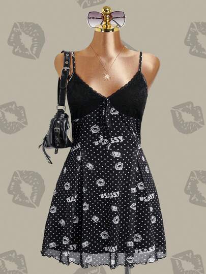 Betty Boop x SHEIN Robe camisole courte décontractée pour femmes avec imprimé pois et lettres, pour rendez-vous et fête