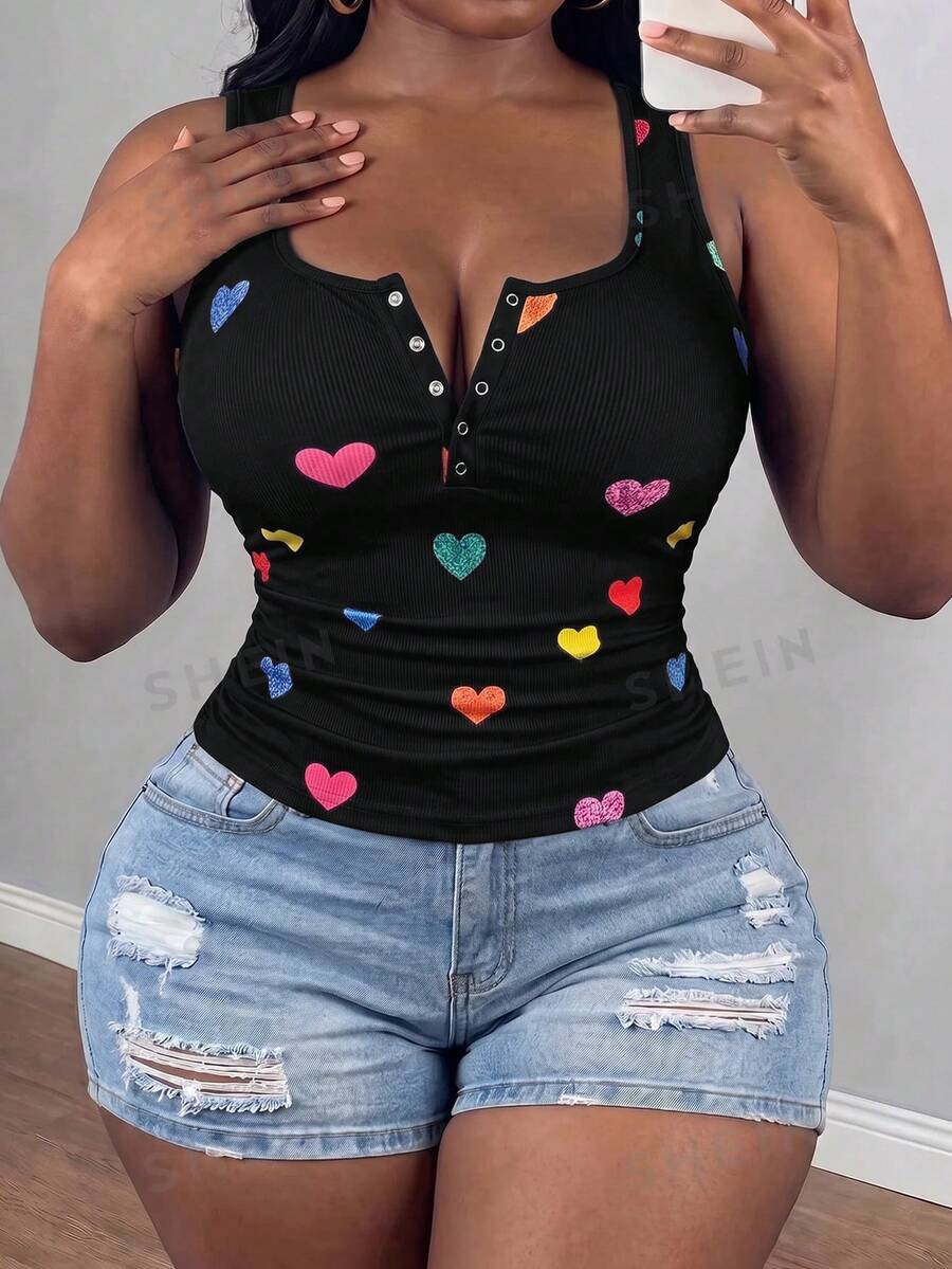 Slaydiva Blusa casual versátil ajustada con fruncido y estampado de corazones para mujer talla grande - Negro - Ver 1