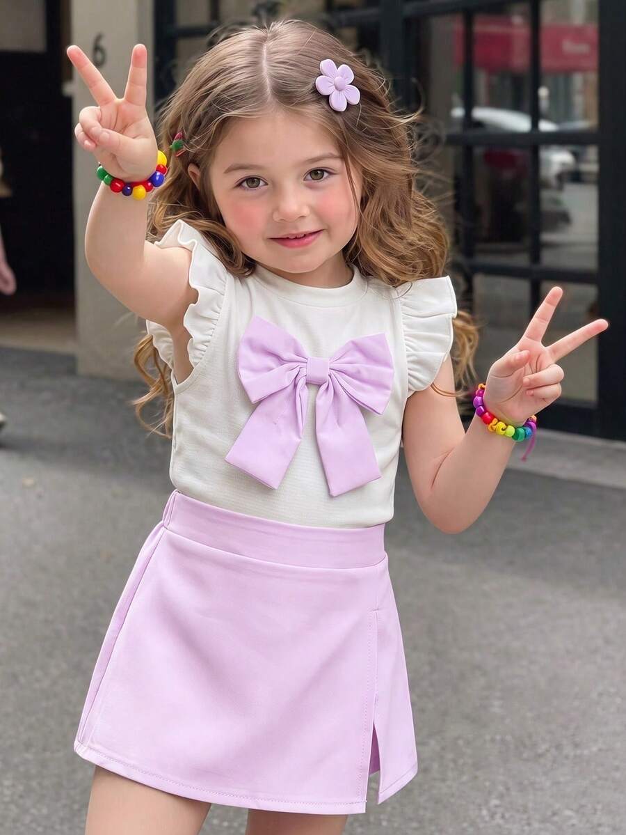 Souflis Souflis 6-9M-2-3Y 嬰兒女童 2 件套,甜美蝴蝶結裝飾飛袖圓領上衣 & 彈性腰粉色開衩短褲,適合日常穿著、聚會及其他場合 - 紫色 - 查看 1