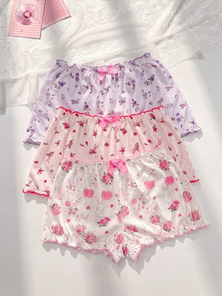 PetitDoll 3件套女士可爱碎花荷叶边蝴蝶结后系带低腰内裤套装 - 彩色 - 查看 1