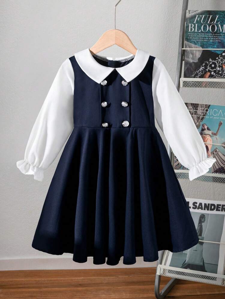 SHEIN Kids Young Girl Young Girls' Cute 2 In 1 Long Sleeve Black Dress,Back-To-School - Blue - View 3