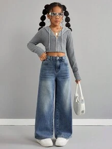 SHEIN Tween Girl Casual Versatile Kids Daily Wear Denim Jeans With Pockets And Buttons Autumn Winter - Medium Wash - View 4