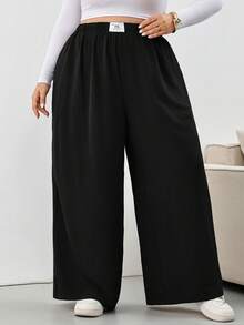SHEIN CURVE+ Plus Size Women's Plaid Pants, Black And Red Elastic Waist Pocket Wide Leg Casual 90s Loose Curve Plus Hoho Holiday Brunch Office Autumn Fall,Hallowee - Black - View 4