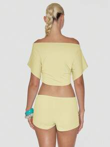 MUSERA Boatneck Batwing Sleeve Fitted Waist Extreme Cropped Top - Light Yellow - View 3