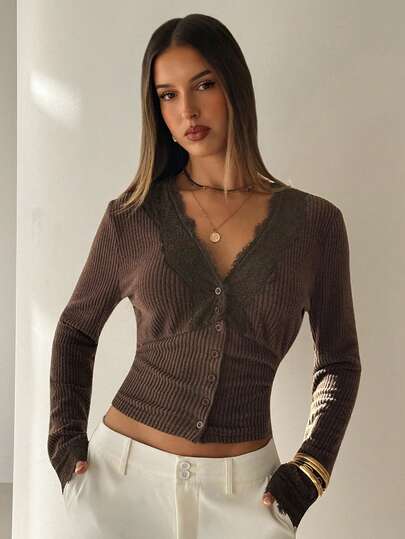 Aloruh Women's Autumn/Winter New Knit Long Sleeve Lace Trim Brown T-Shirt