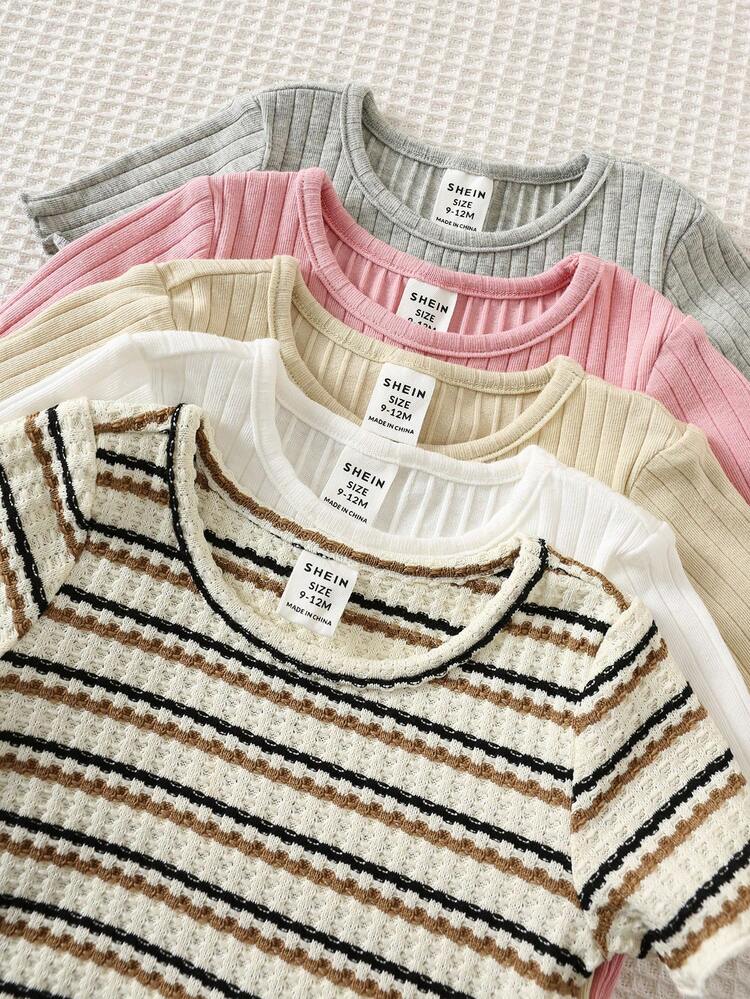 SHEIN 5pcs/Set Baby Girl Summer Cute Ribbed Solid Color Ruffle Hem Short Sleeve Tops - Multicolor - View 6