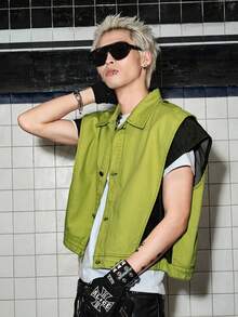 ROMWE MEN Street Life Men's Double Layer 2 In 1 Denim Vest Top - Green - View 5