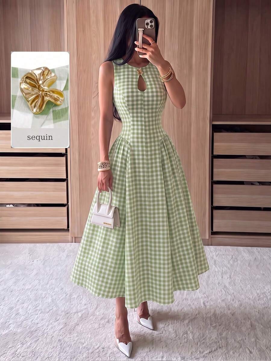 Modelyn Women's Spring/Summer Yellow Woven Plaid Textured Water Drop Neckline Metal Button Cinched Waist A-Line Elegant Romantic Midi Dress - Pastel Green - View 1