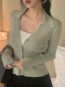 DAZY Women's Solid Color Single-Breasted Casual Versatile Daily Long Sleeve Cardigan - Green - View 3