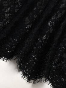 SHEIN Tween女孩波點對比蕾絲下擺蝴蝶結肩部裝飾洋裝 - 黑與白 - 查看 4