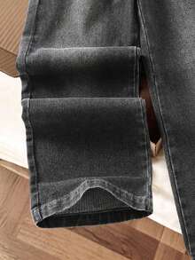 SHEIN Tween Girls Vintage Casual Fashion Blue Distressed Ripped Patchwork Star Embroidery Straight Leg Denim Jeans, Holiday Style Bottoms - Grey - View 7
