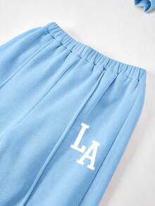 SHEIN Tween女孩休閒「LA」字母印花針織純色寬鬆落肩長袖衛衣與百褶寬腿運動褲套裝，女孩秋季服飾，女孩秋季穿搭，女孩冬季服飾 - 藍色 - 查看 3