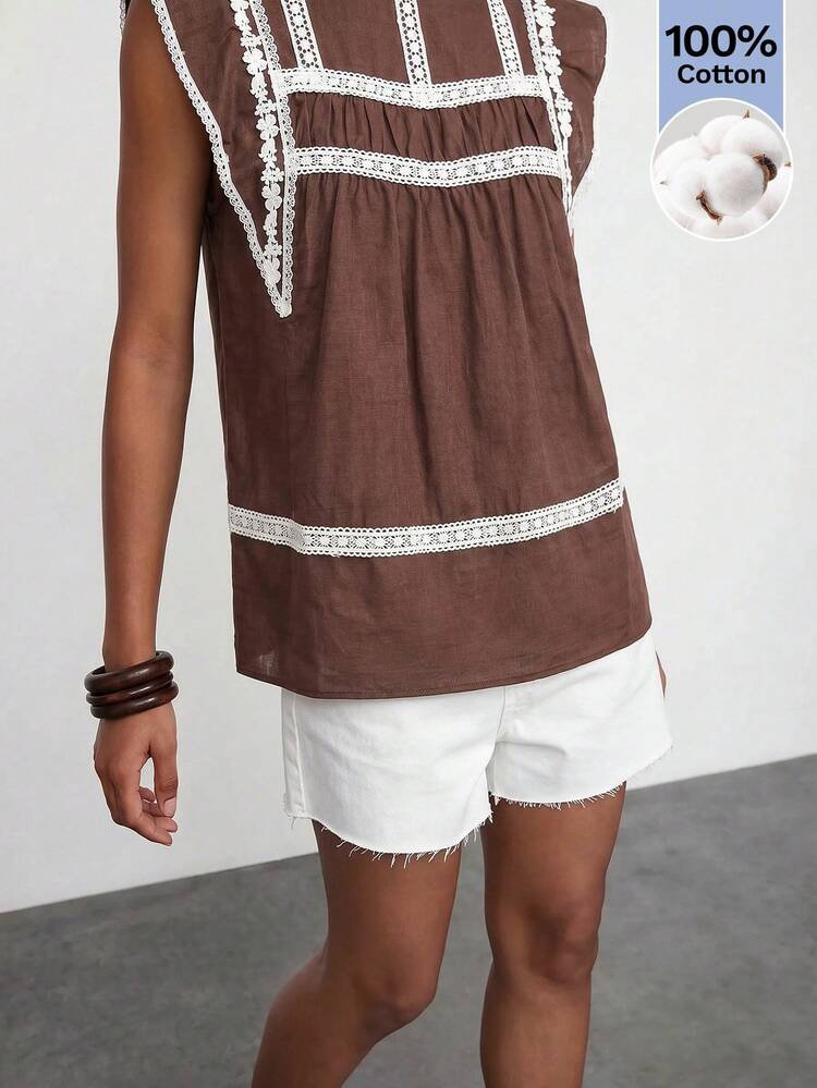 Maija Shades Of Brown Round Neck Sleeveless Women's Blouse, Lace Patchwork, Summer Fall Comfortable Casual Cottage Core Elegant Boho Vacation - Brown - View 7