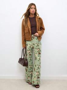Nöista High-Waisted Wide-Leg Pants With Hazy Green Floral Print. Comfortable, Versatile And Stylish. - Green - View 1