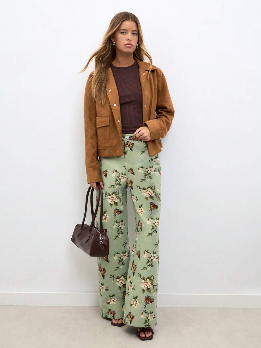 Nöista High-Waisted Wide-Leg Pants With Hazy Green Floral Print. Comfortable, Versatile And Stylish. - Green - View 1