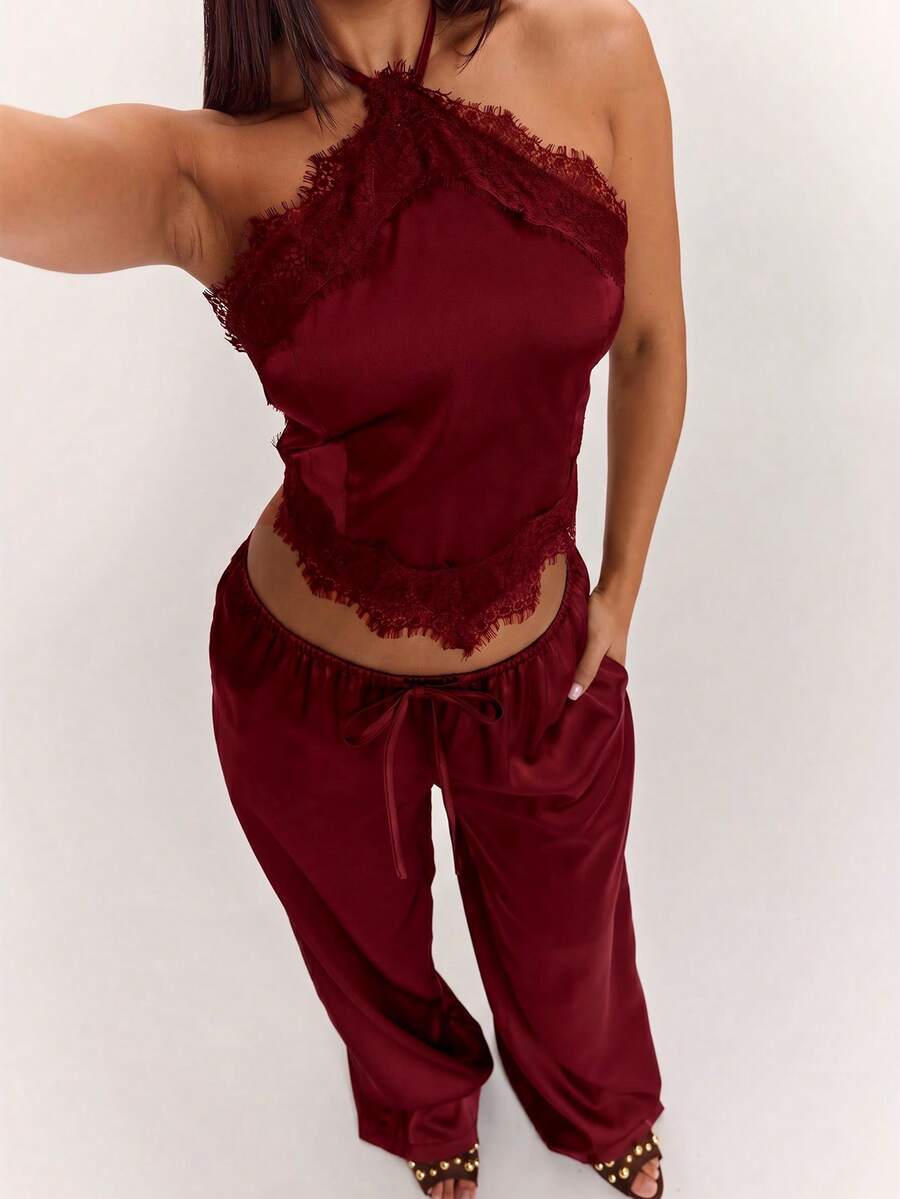 SHEIN BAE 女款純色對比蕾絲掛脖背心與長褲優雅套裝 - 酒紅色 - 查看 1