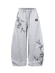 Manfinity EMRG Men's Plus Size Floral Print Drawstring Waist Pocket Casual Sweatpants - Grey - View 2