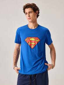 Strevion Men's Minimalist Superman Diamond Pattern Printed Round Neck Short Sleeve T-Shirt, Summer - Royal Blue - View 3