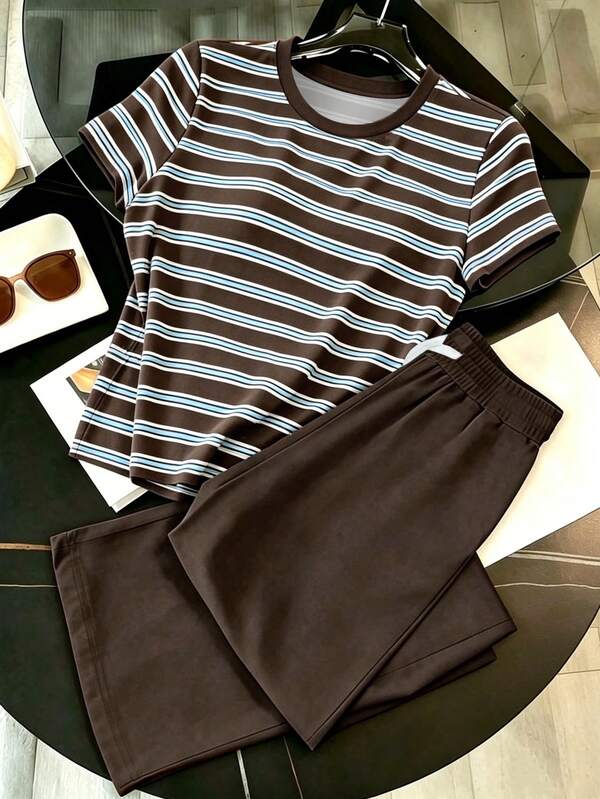 Resyla Women's Round Neck Striped Short Sleeve Top And Long Pants Casual Daily 2 Pieces Set