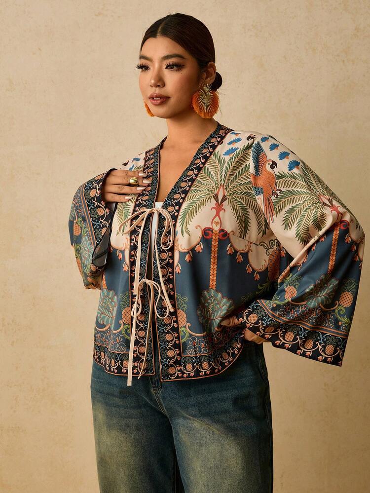 Travachic Camisa de manga larga con nudo delantero y estampado de palmeras para mujer talla grande, azul claro, estilo boho tropical, para vacaciones de otoño - Multicolor - Añade 4