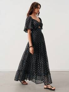 Aveloria Modichic Floral Chiffon Print Twist Front Hollow Waist Design Cinched Hem Short Sleeve Women's Long Dress Puff Sleeve Patchwork Pleated Skirt Black Polka Dot - Coffee - View 5