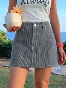 DAZY Women's Casual Striped Straight Short Denim Skirt, Summer - Medium Wash - View 1