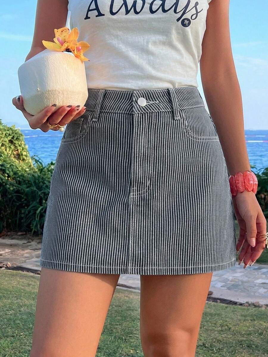 DAZY Women's Casual Striped Straight Short Denim Skirt, Summer - Medium Wash - View 1