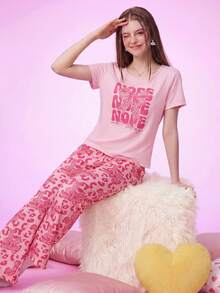 Notgurli Women's Cute Style Pink Leopard Print Pajamas Loungewear Set - Multicolor - View 4