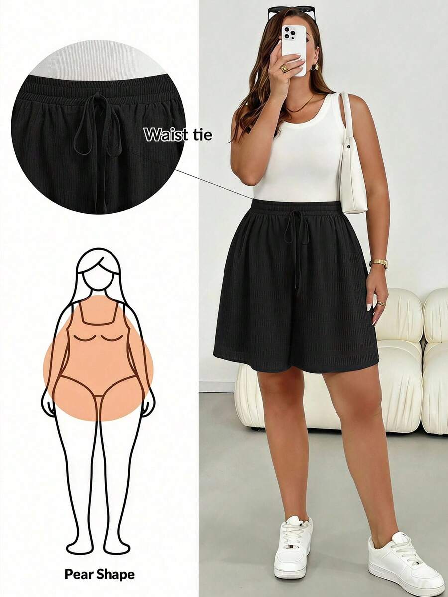 SHEIN Essnce 大尺碼女款純色打結寬腿休閒寬鬆短褲 黑色 - 黑色 - 查看 1