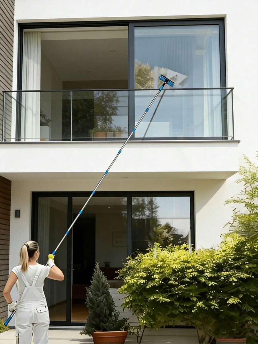 2-In-1 High-Rise Window Cleaning Kit With 10 Extension Rods For High-Rise Glass Wipe And Scraper, Reusable Microfiber Pad, No Power Required, Machine Washable, Ideal Mother's Day Gift - Multicolor - View 1
