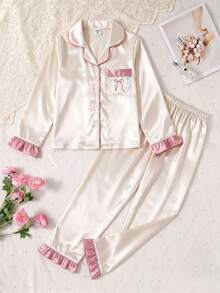 女童淺粉色緞面純色刺繡荷葉袖長袖居家服褲裝兩件套，春秋款 - 粉色 - 查看 1