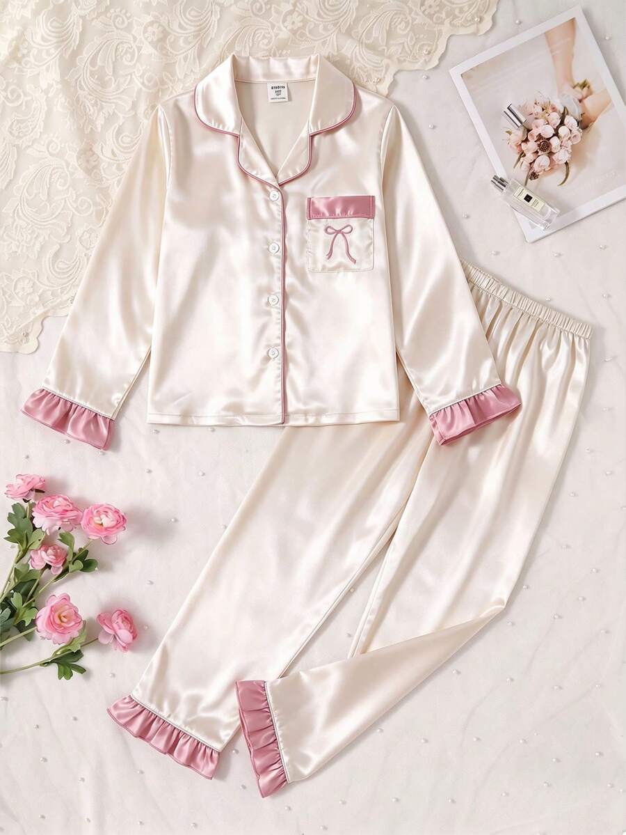 女童淺粉色緞面純色刺繡荷葉袖長袖居家服褲裝兩件套,春秋款 - 粉色 - 查看 1