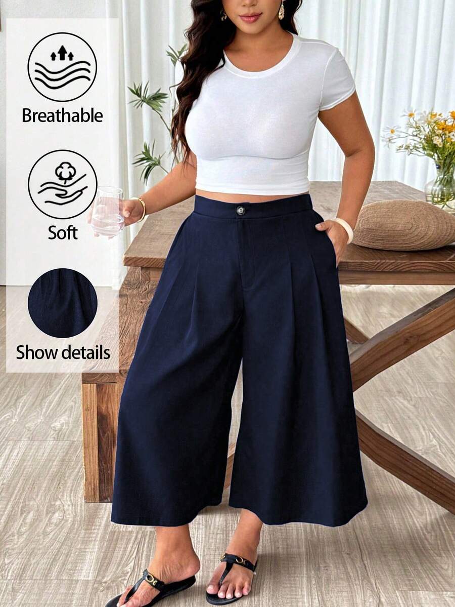 SHEIN PETITE CURVE 大尺碼女款休閒寬鬆亞麻七分褲,適合海灘、早午餐、辦公室、正式場合與居家穿著,海軍藍,夏季 - 藏蓝色 - 查看 1